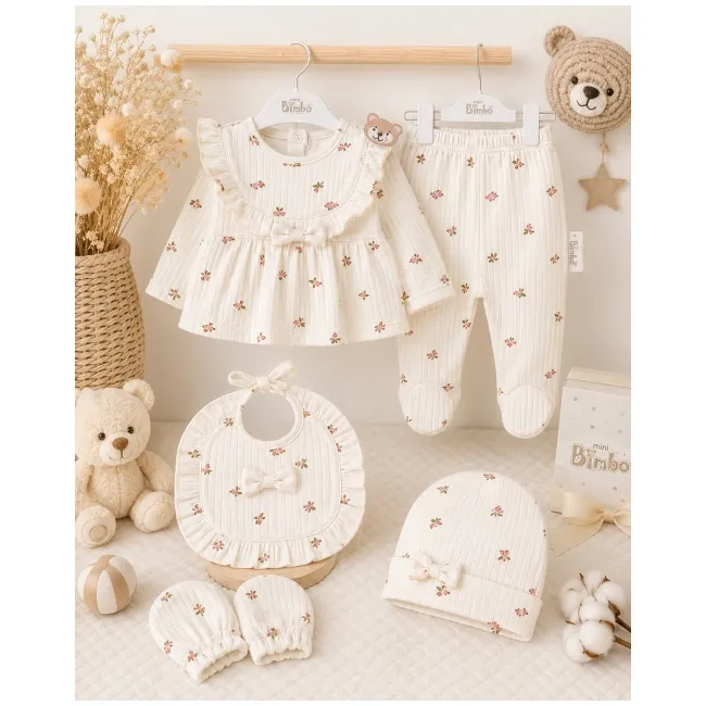 Compleu nou nascut fetite cu bluzita, pantaloni, caciulita, manusi si bavetica, bej floral, bimbo, 0-3 luni, hsn304sbs-1