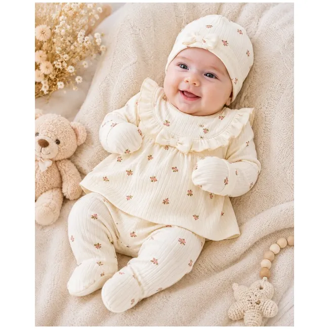 Compleu nou nascut fetite cu bluzita, pantaloni, caciulita, manusi si bavetica, bej floral, bimbo, 0-3 luni, hsn304sbs-1
