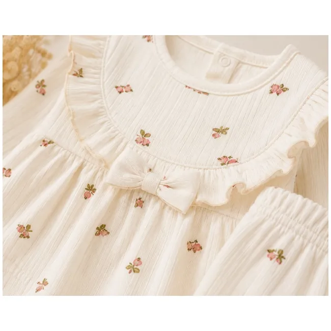 Compleu nou nascut fetite cu bluzita, pantaloni, caciulita, manusi si bavetica, bej floral, bimbo, 0-3 luni, hsn304sbs-1