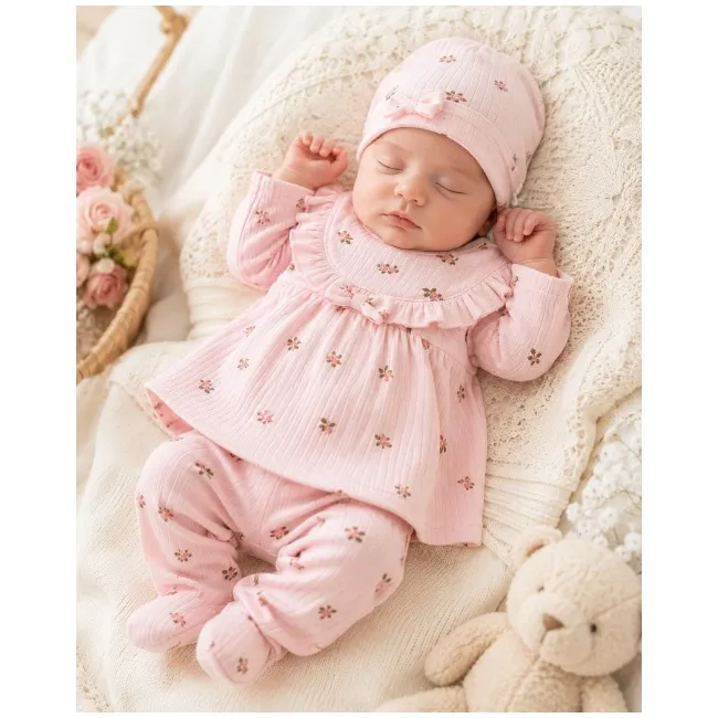 Compleu nou nascut fetite cu bluzita, pantaloni, caciulita, manusi si bavetica, roz floral, bimbo, 0-3 luni, hsn304sbs