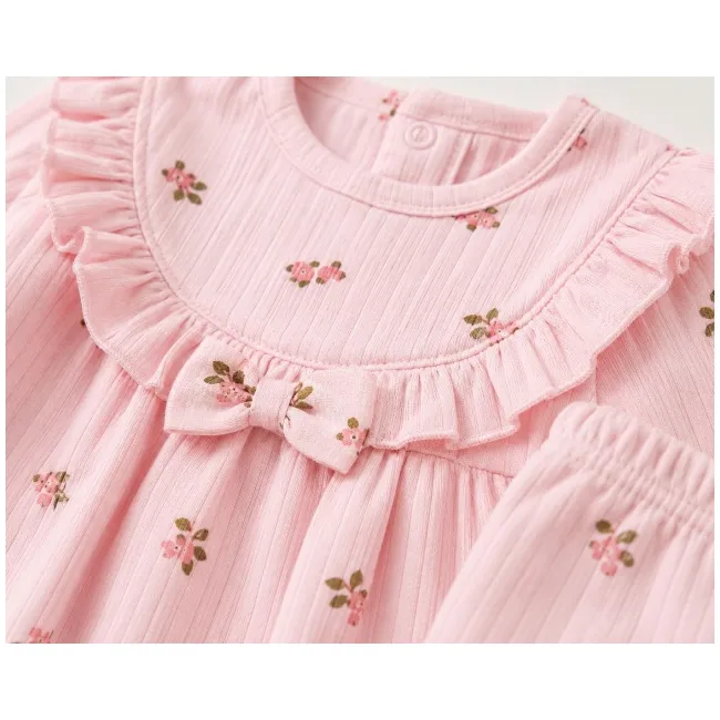 Compleu nou nascut fetite cu bluzita, pantaloni, caciulita, manusi si bavetica, roz floral, bimbo, 0-3 luni, hsn304sbs
