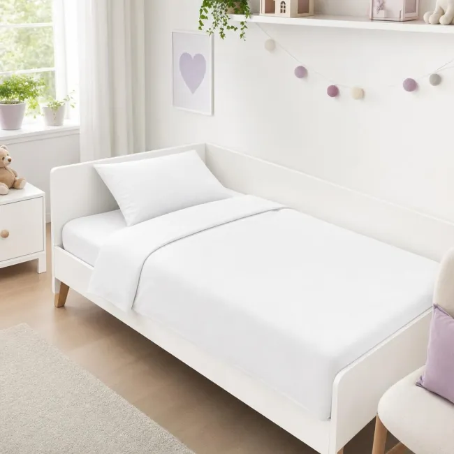 Lenjerie bumbac ranforce pat 3 piese copii 2-12 ani Alb Uni pentru saltele 160x80 cm - ASC6427968021153