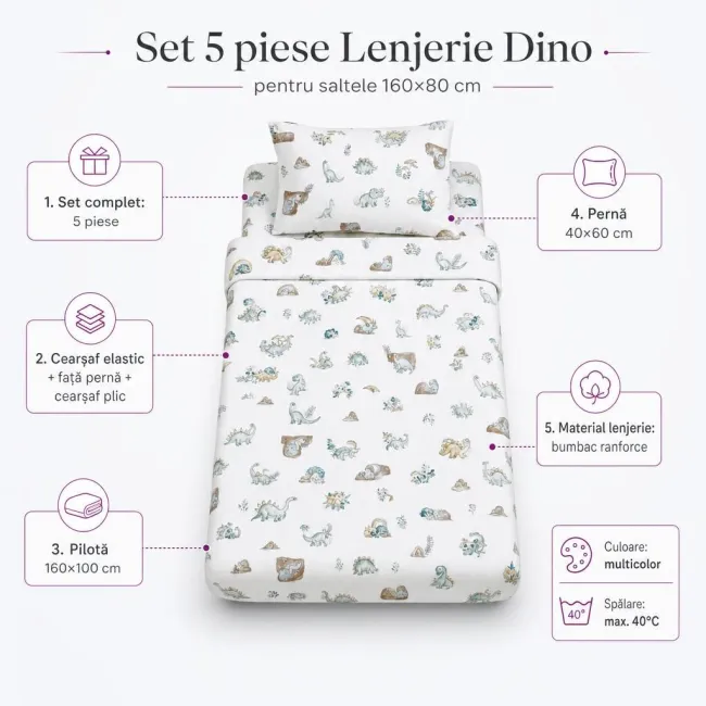 Set 5 piese Lenjerie Dino saltele 160x80 compatibile cu pat 2-12 ani + Pilota + Perna - ASC6427968021160