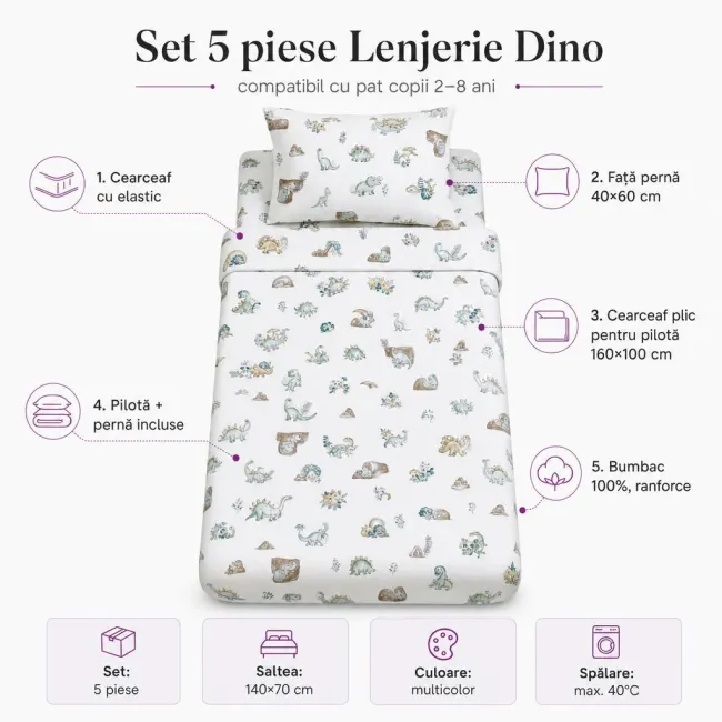 Set 5 piese Lenjerie Dino saltele 140x70 compatibile cu pat 2-8 ani + Pilota + Perna - ASC6427968021177