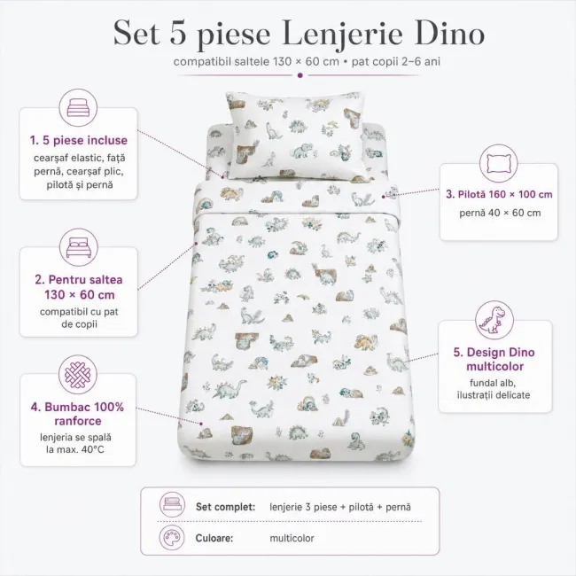 Set 5 piese Lenjerie Dino saltele 130x60 compatibile cu pat 2-6 ani + Pilota + Perna - ASC6427968021184