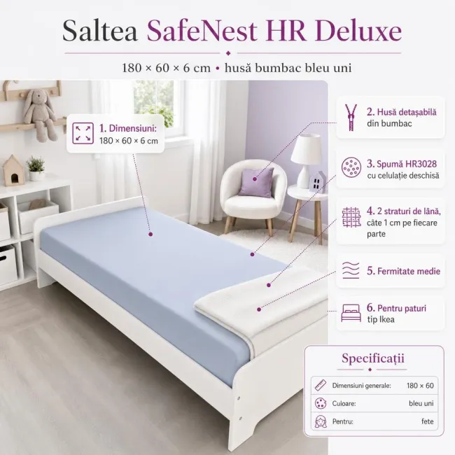 Saltea SafeNest HR Deluxe 180/60/6 cm pentru paturi, cu husa bumbac bleu uni - ASC6427968021757