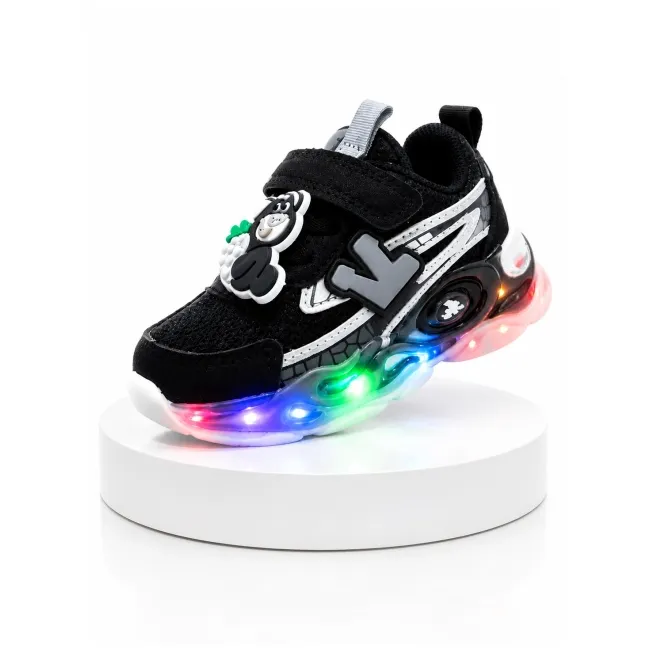 Pantofi sport cu lumini led, model accesoriu cu ursulet, piele ecologica, negru adt-31-1