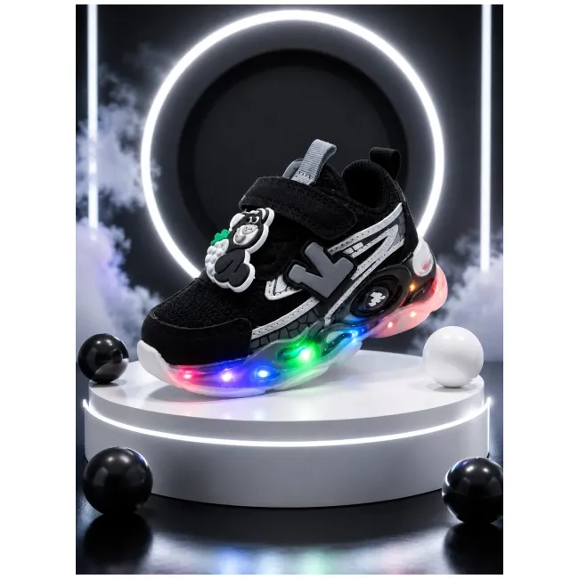 Pantofi sport cu lumini led, model accesoriu cu ursulet, piele ecologica, negru adt-31-1