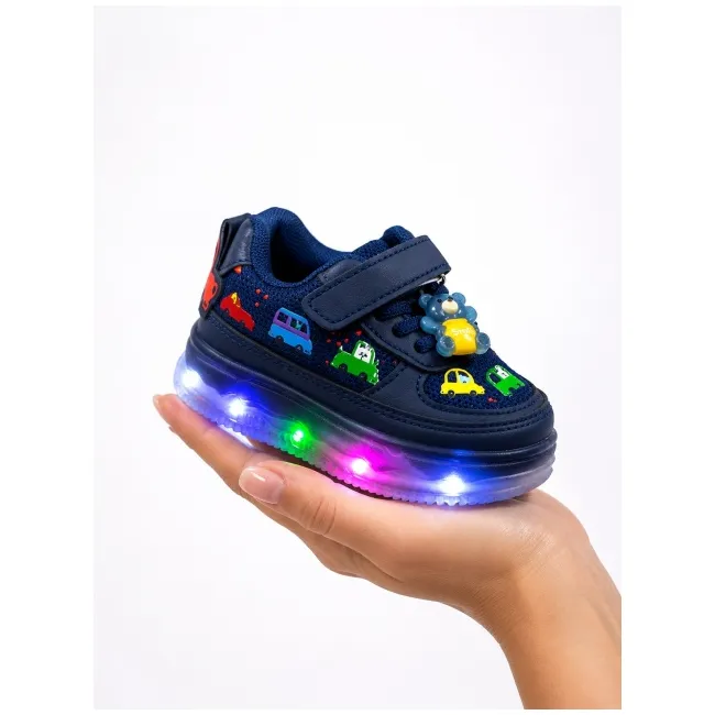 Pantofi sport cu lumini led, model masinute, piele ecologica si textil, baieti, bleumarin adt-51-1