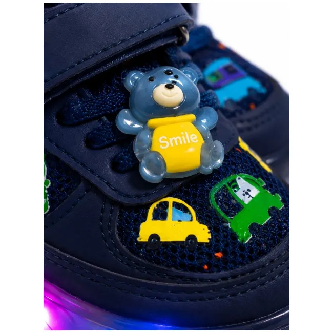 Pantofi sport cu lumini led, model masinute, piele ecologica si textil, baieti, bleumarin adt-51-1