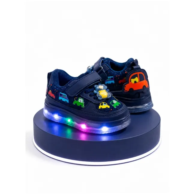 Pantofi sport cu lumini led, model masinute, piele ecologica si textil, baieti, bleumarin adt-51-1