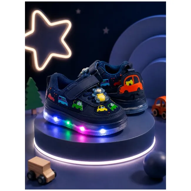 Pantofi sport cu lumini led, model masinute, piele ecologica si textil, baieti, bleumarin adt-51-1
