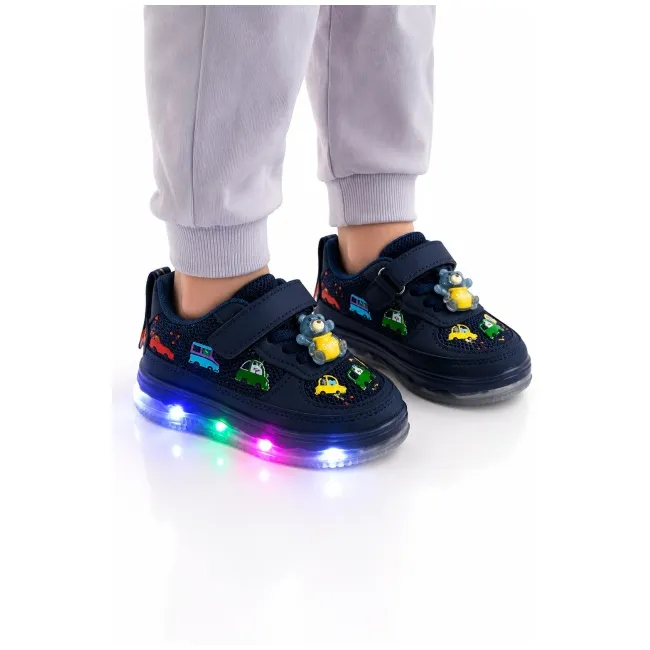 Pantofi sport cu lumini led, model masinute, piele ecologica si textil, baieti, bleumarin adt-51-1