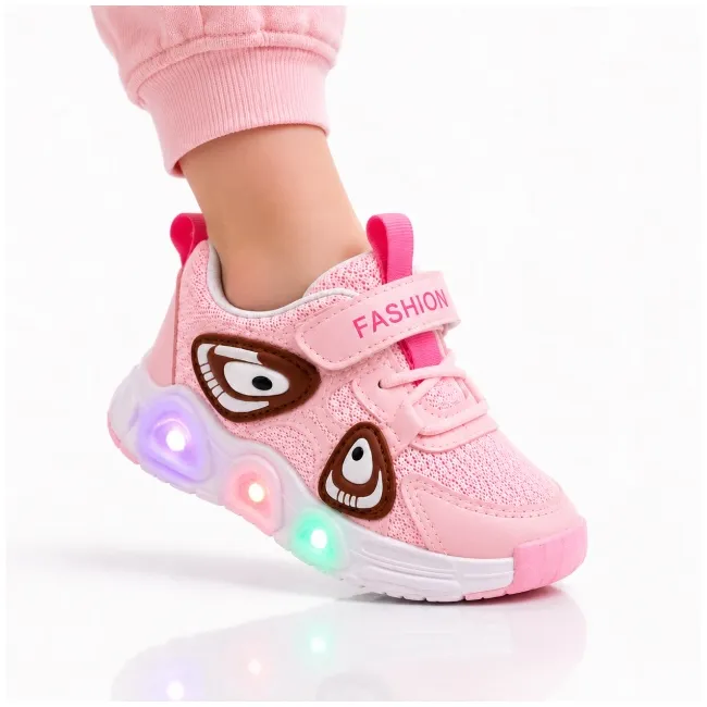 Pantofi sport cu lumini led, model super panda, textil, fete, roz adt-19-1