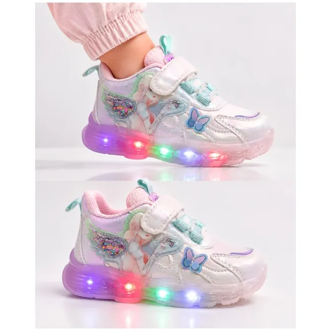 Pantofi sport cu luminite, model cu fluturas si zana, piele ecologica, fete, alb ad30-82