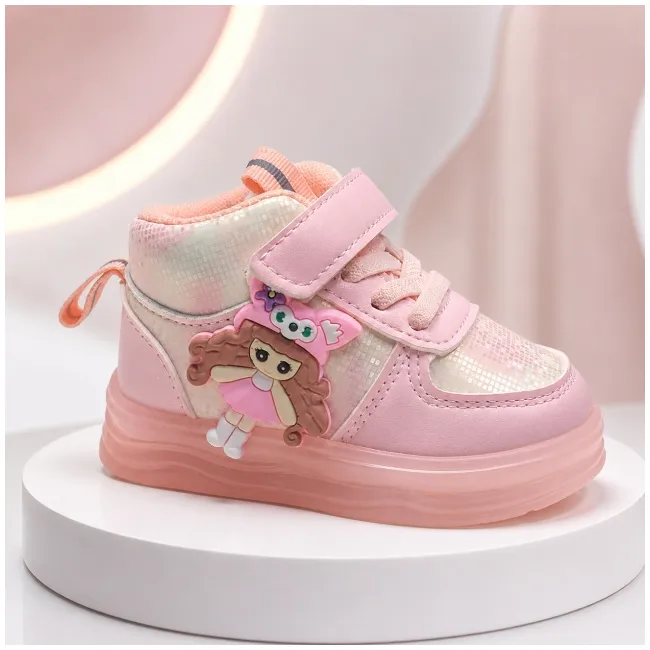 Pantofi sport inalti cu luminite, model papusa, piele ecologica, fete, roz ad30-81