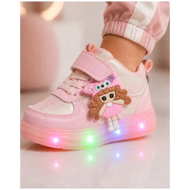 Pantofi sport inalti cu luminite, model papusa, piele ecologica, fete, roz ad30-81