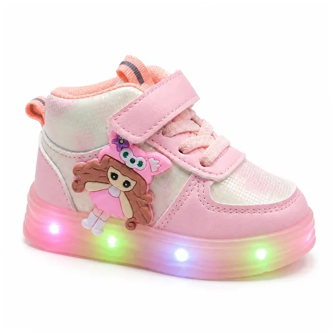 Pantofi sport inalti cu luminite, model papusa, piele ecologica, fete, roz ad30-81