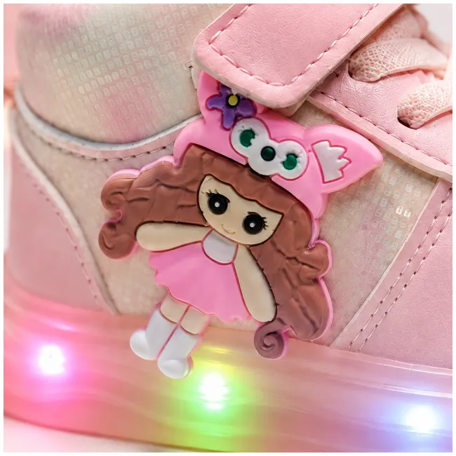 Pantofi sport inalti cu luminite, model papusa, piele ecologica, fete, roz ad30-81