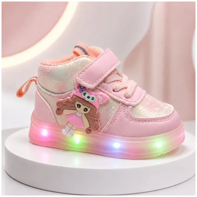 Pantofi sport inalti cu luminite, model papusa, piele ecologica, fete, roz ad30-81