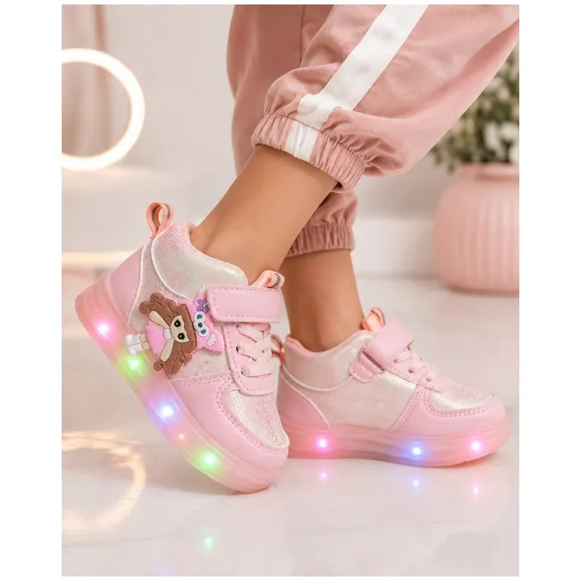 Pantofi sport inalti cu luminite, model papusa, piele ecologica, fete, roz ad30-81