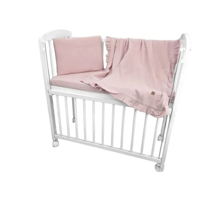 Lenjerie patut cu 3 piese, Qmini, Aurora, Pentru co-sleeper, Din muselina dubla, Material certificat Oeko Tex Standard 100, Powder Pink BYN6426972034487