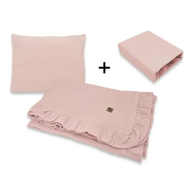 Lenjerie patut cu 3 piese, Qmini, Aurora, Pentru co-sleeper, Din muselina dubla, Material certificat Oeko Tex Standard 100, Powder Pink BYN6426972034487