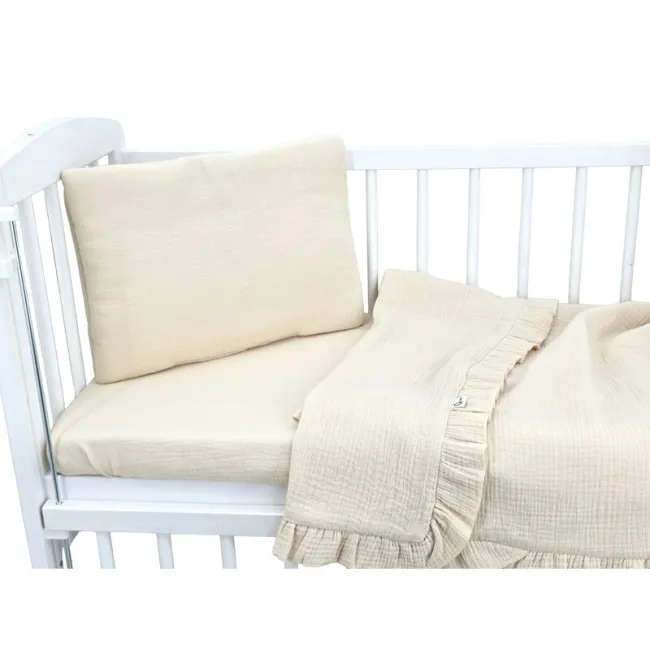 Lenjerie patut cu 3 piese, Qmini, Aurora, Pentru co-sleeper, Din muselina dubla, Material certificat Oeko Tex Standard 100, Warm Beige BYN6426972034494