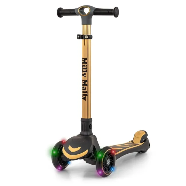 Trotineta pliabila Milly Mally Boogie Gold, roti din silicon cu Led, platforma antiderapanta, greutate admisa 50 kg
