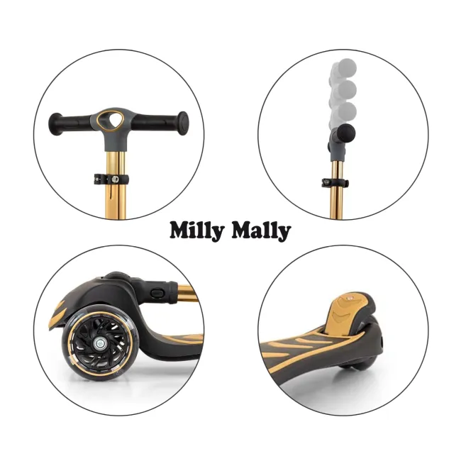 Trotineta pliabila Milly Mally Boogie Gold, roti din silicon cu Led, platforma antiderapanta, greutate admisa 50 kg