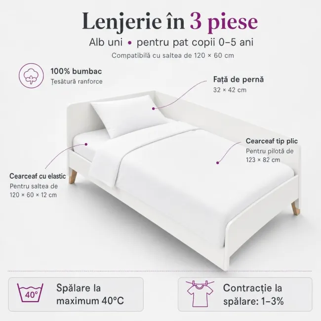 Lenjerie in 3 piese Alb Uni pentru pat copii 0-5 ani compatibila cu saltea 120x60 cm - ASC6427968022099
