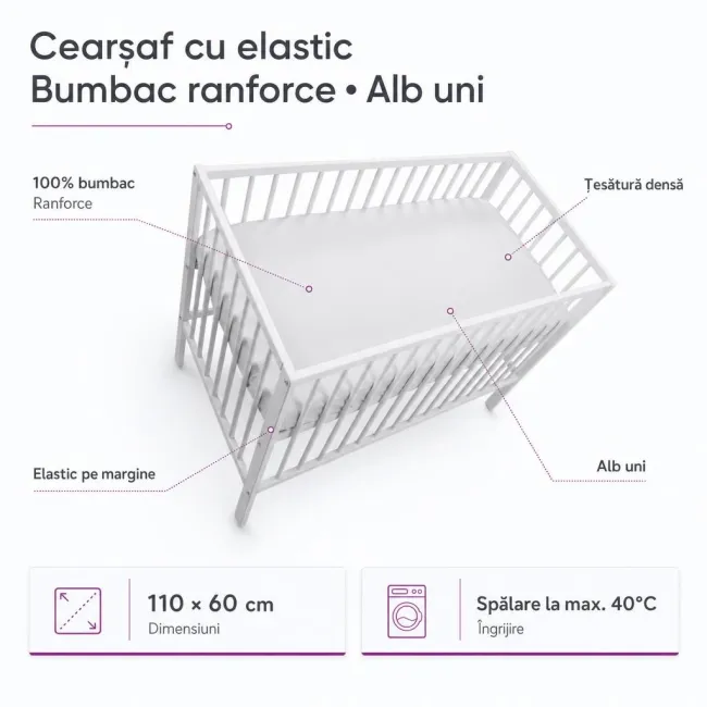Cearsaf cu elastic bumbac ranforce Alb uni 110x60 - ASC6427968155162