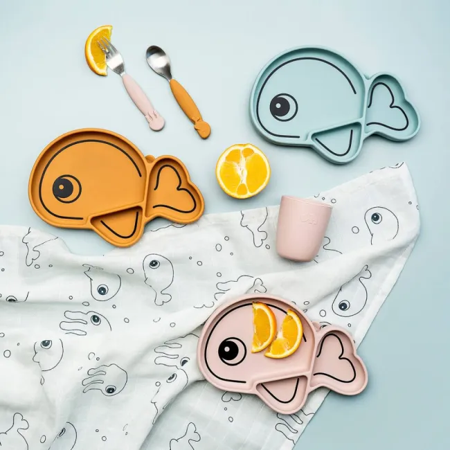 Set furculita si lingura Done by Deer Easy-grip Sea Friends Mustard