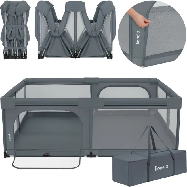 Tarc de joaca copii, Lionelo, Florence Easy Fold XL, 180 x 200 x 68 cm, Pliere, depliere automata, Include geanta de transport, Din plasa, Cu doua intrari laterale, 0-48 luni, Conform cu EN12227, Grey Stone BYNLO-FLORENCE_XL_EASY_FOLD_GREY_STONE