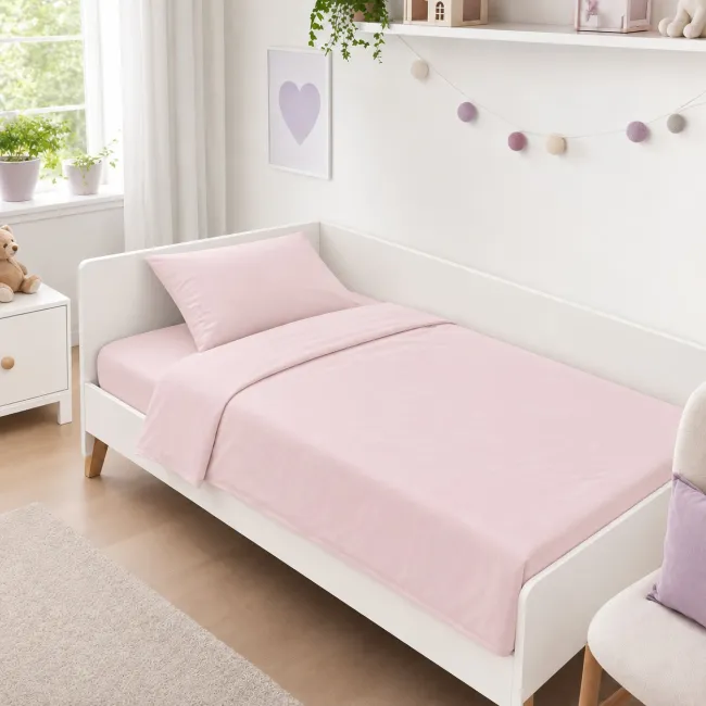 Lenjerie 3 piese pat copii 2-8 ani bumbac ranforce Roz Uni pentru saltele 140x70 cm - ASC6427968022051