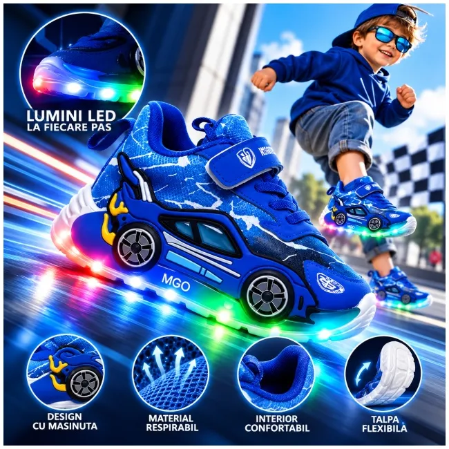 Adidasi cu luminite pentru baietei - masinuta albastra super led adled-1-2c