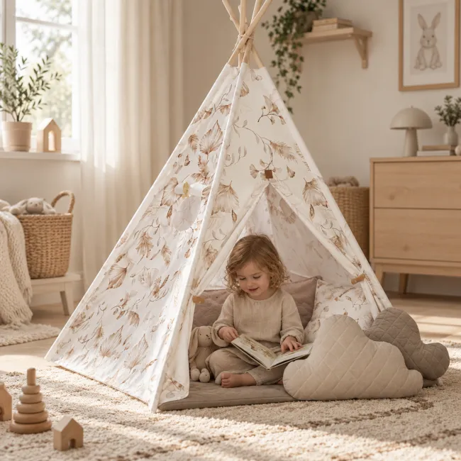 Cort Tipi Pentru Copii Babysteps Boho, 160cm, Bumbac Natural Cu Frunze Botanice, Cu Saltea Groasa Si 4 Perne Decorative Pjb487173