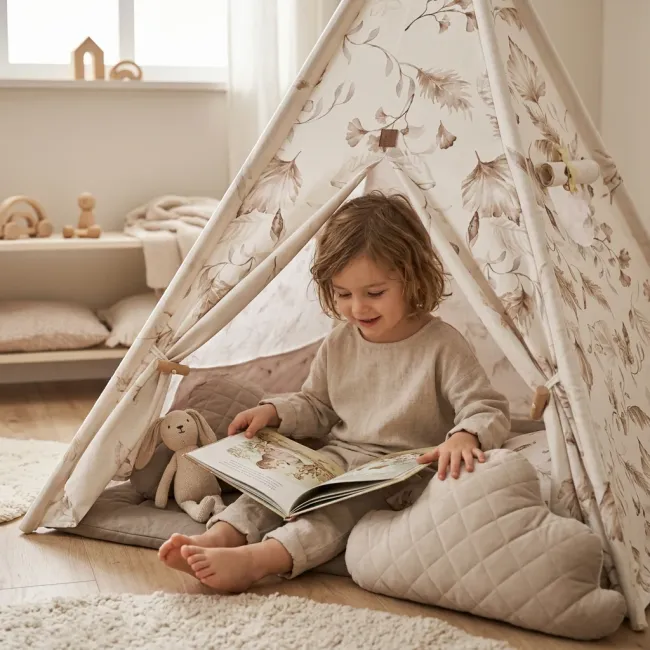Cort Tipi Pentru Copii Babysteps Boho, 160cm, Bumbac Natural Cu Frunze Botanice, Cu Saltea Groasa Si 4 Perne Decorative Pjb487173