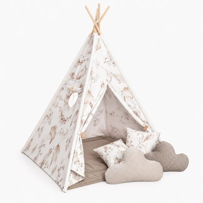 Cort Tipi Pentru Copii Babysteps Boho, 160cm, Bumbac Natural Cu Frunze Botanice, Cu Saltea Groasa Si 4 Perne Decorative Pjb487173