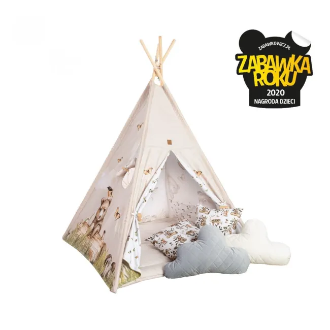 Cort Tipi Pentru Copii Babysteps Happy Bear, 160cm, Bumbac Natural, Cu Saltea Groasa Si 4 Perne Decorative Pjb86152