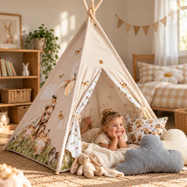 Cort Tipi Pentru Copii Babysteps Happy Bear, 160cm, Bumbac Natural, Cu Saltea Groasa Si 4 Perne Decorative Pjb86152