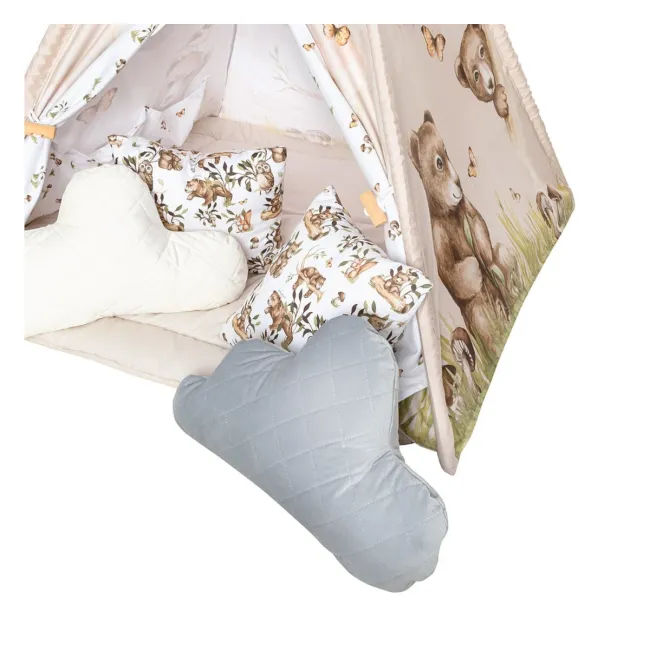 Cort Tipi Pentru Copii Babysteps Happy Bear, 160cm, Bumbac Natural, Cu Saltea Groasa Si 4 Perne Decorative Pjb86152