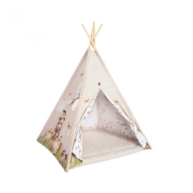 Cort Tipi Pentru Copii Babysteps Happy Bear, 160cm, Bumbac Natural, Cu Saltea Groasa Si 4 Perne Decorative Pjb86152