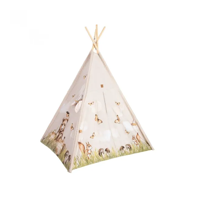 Cort Tipi Pentru Copii Babysteps Happy Bear, 160cm, Bumbac Natural, Cu Saltea Groasa Si 4 Perne Decorative Pjb86152