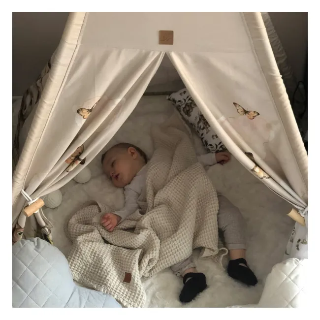 Cort Tipi Pentru Copii Babysteps Happy Bear, 160cm, Bumbac Natural, Cu Saltea Groasa Si 4 Perne Decorative Pjb86152
