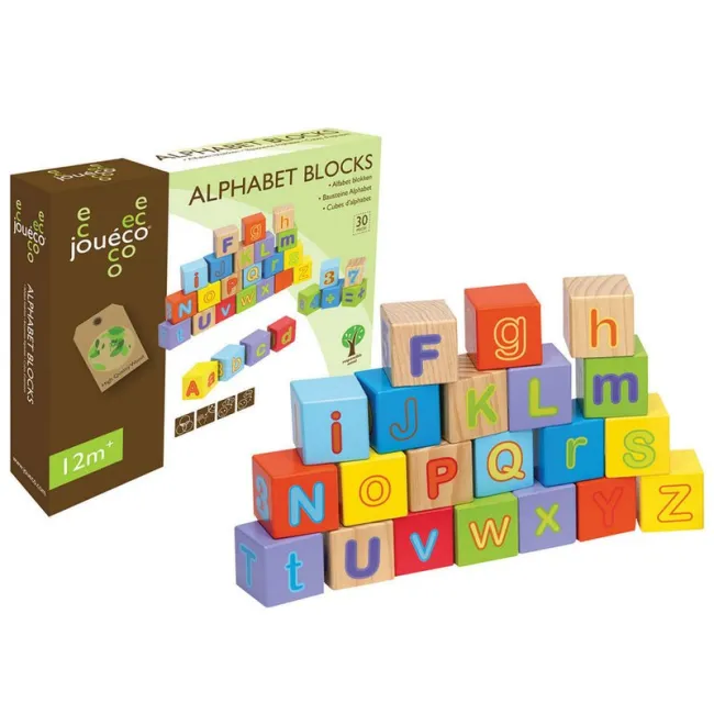 Cuburi educative, Joueco, Alfabetul, 30 piese, Din lemn certificat FSC, 12 luni+, Multicolor BYN80035