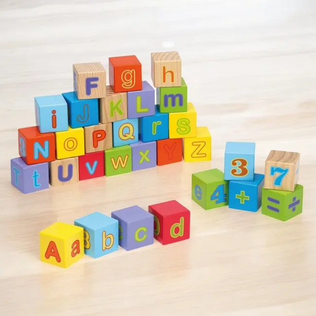 Cuburi educative, Joueco, Alfabetul, 30 piese, Din lemn certificat FSC, 12 luni+, Multicolor BYN80035