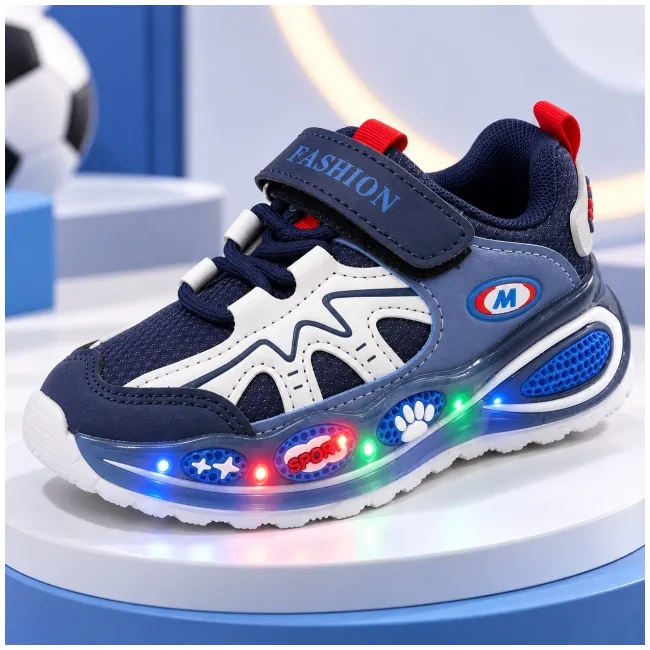 Pantofi sport cu luminite, model super confy, textil si piele ecologica, baieti, bleumarine ad30-225