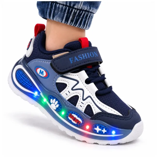 Pantofi sport cu luminite, model super confy, textil si piele ecologica, baieti, bleumarine ad30-225