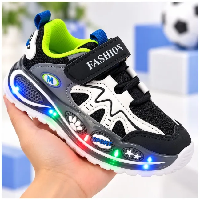 Pantofi sport cu luminite, model super confy black, textil si piele ecologica, baieti, bleumarine ad30-226